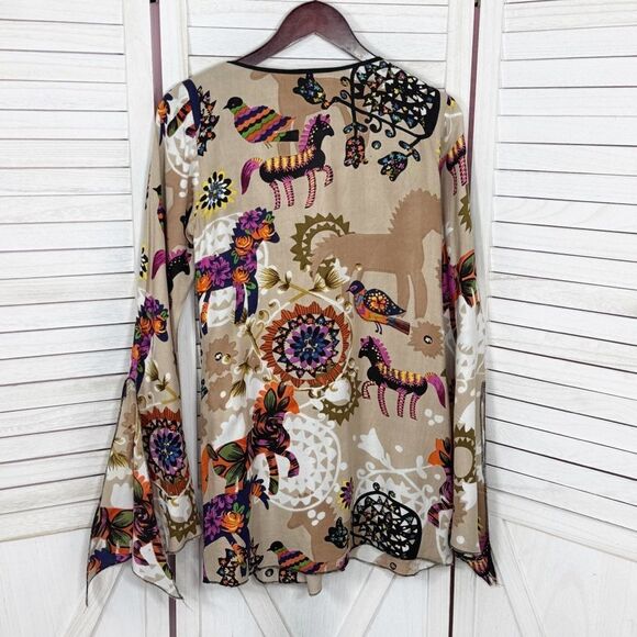 Mystery Mexican Print Smocked Top Bell Sleeve Tunic Shirt Tan Multi Medium - Picture 10 of 13